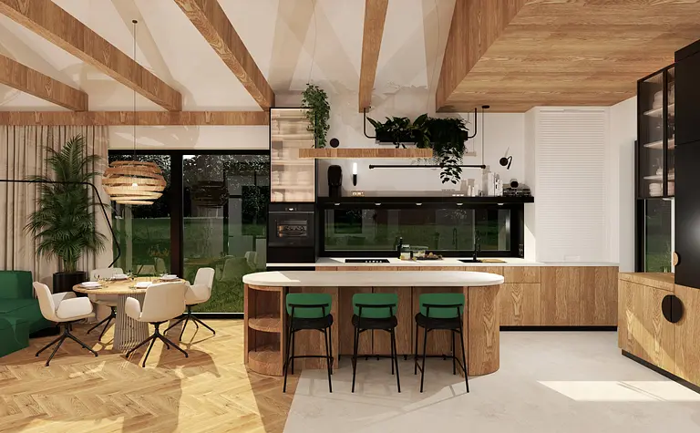 Współczesna kuchnia z drewnianymi meblami, zielonymi krzesłami i dużymi oknami.