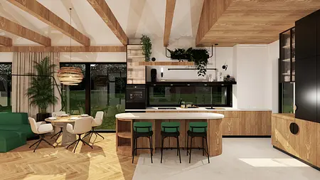 Współczesna kuchnia z drewnianymi meblami, zielonymi krzesłami i dużymi oknami.