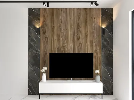 Nowoczesny salon z drewnianą ścianą, czarnym telewizorem i białą szafką.
