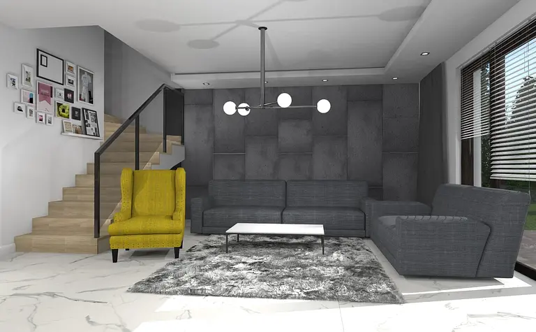 Wnętrze salonu w stylu industrialnym i minimalistycznym z szarymi meblami i żółtym fotelem.