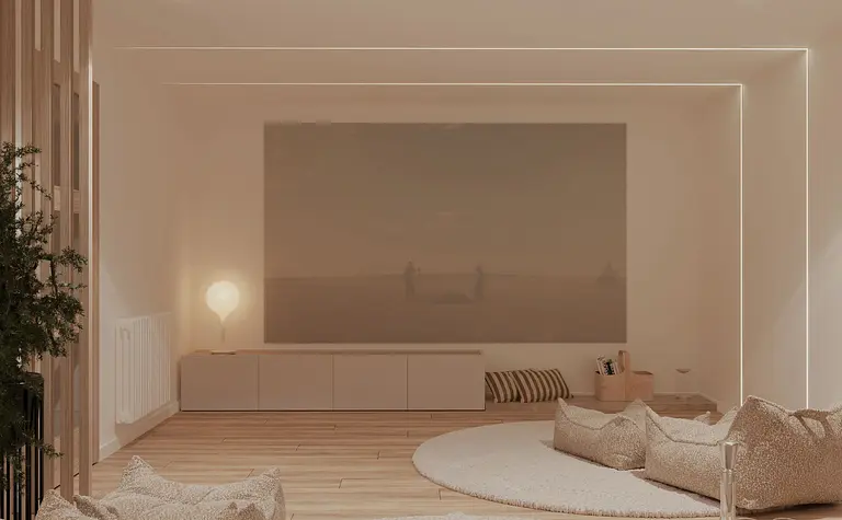 Minimalistyczny i nowoczesny salon z jasnymi meblami i oświetleniem.