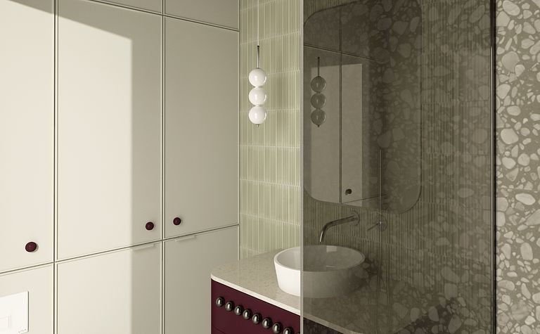 Wnętrze łazienki z nowoczesnymi meblami, dużą umywalką i stylowym oświetleniem.