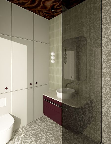 Wnętrze łazienki z nowoczesnymi meblami, dużą umywalką i stylowym oświetleniem.