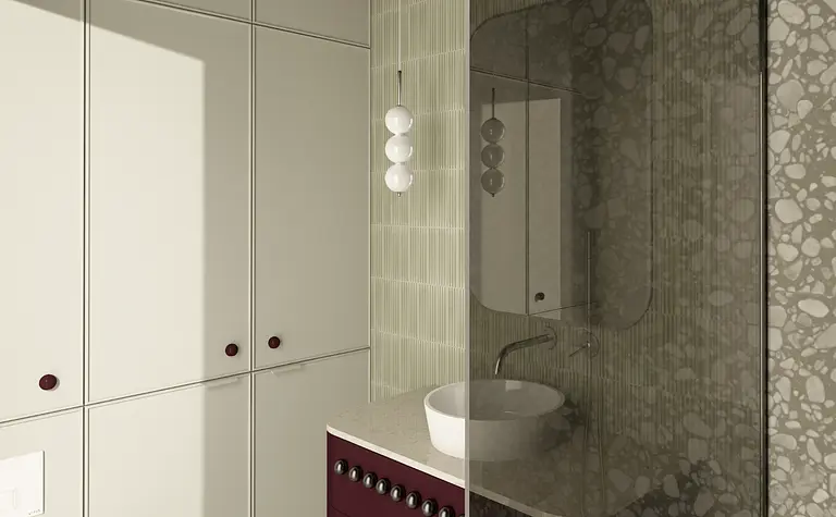 Wnętrze łazienki z nowoczesnymi meblami, dużą umywalką i stylowym oświetleniem.