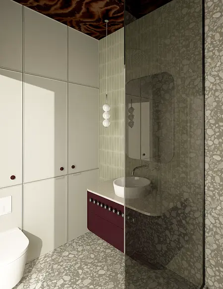 Wnętrze łazienki z nowoczesnymi meblami, dużą umywalką i stylowym oświetleniem.