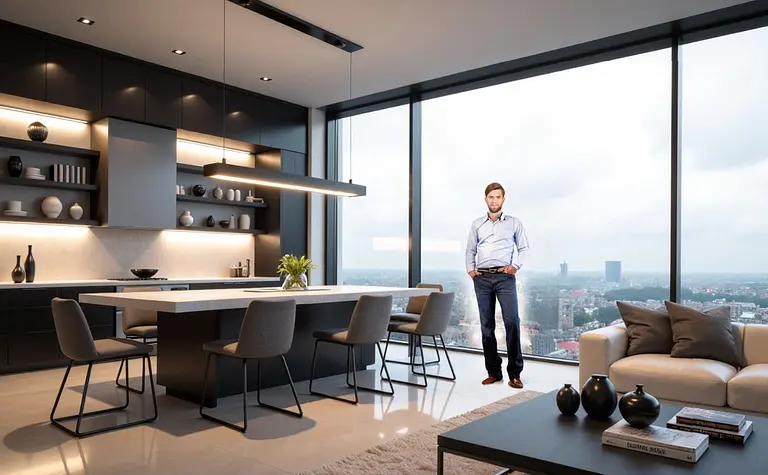 Wnętrze kuchni z czarnymi meblami i dużymi oknami, nowoczesny design.