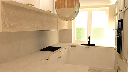 Kuchnia minimalistyczna z białymi meblami i drewnianymi detalami.