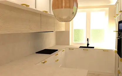 Kuchnia minimalistyczna z białymi meblami i drewnianymi detalami.