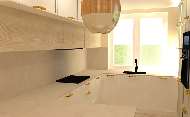 Kuchnia minimalistyczna z białymi meblami i drewnianymi detalami.