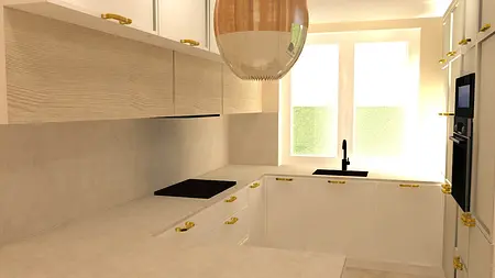 Kuchnia minimalistyczna z białymi meblami i drewnianymi detalami.