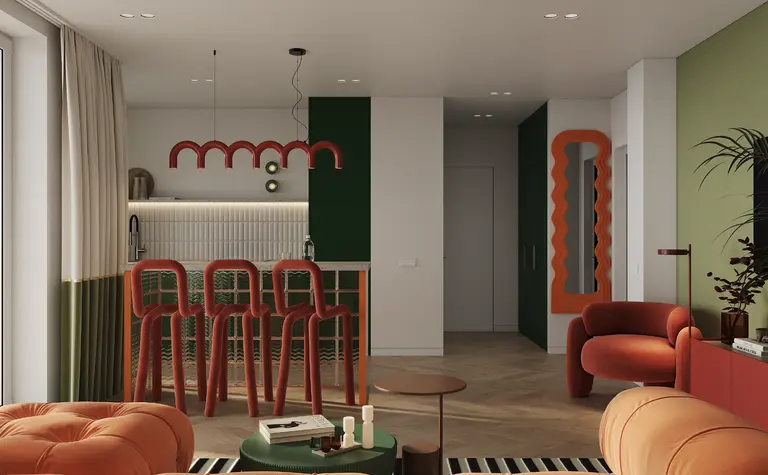 Wnętrze salonu z pomarańczowymi meblami w stylach art deco, glamour, vintage i industrialnym.