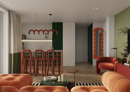 Wnętrze salonu z pomarańczowymi meblami w stylach art deco, glamour, vintage i industrialnym.