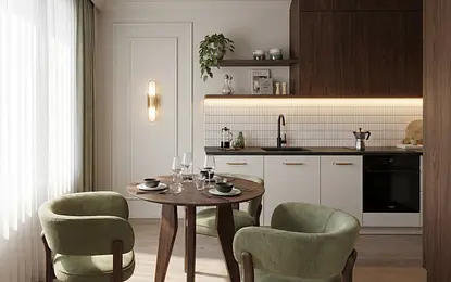 Nowoczesna kuchnia z drewnianymi meblami, zielonymi krzesłami i minimalistycznym oświetleniem