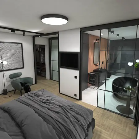 Wnętrze sypialni z minimalistycznym designem, szarym łóżkiem i czarnymi detalami.