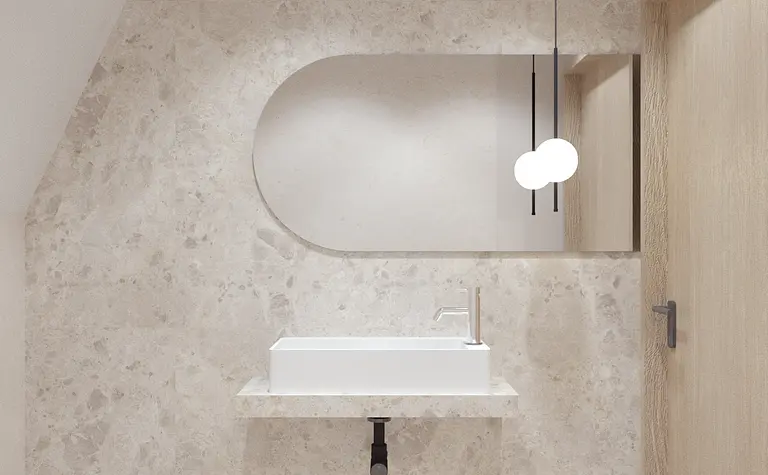 Nowoczesna łazienka z białą umywalką i drewnianymi detalami w stylu boho i minimalizmie.