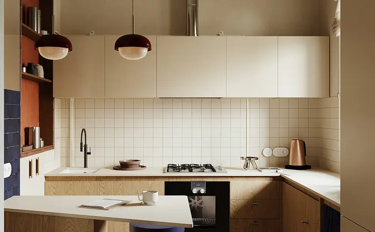 Kuchnia w stylu soft minimalizm i tradycyjnym z drewnianymi meblami.