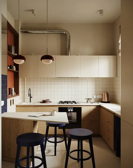 Kuchnia w stylu soft minimalizm i tradycyjnym z drewnianymi meblami.