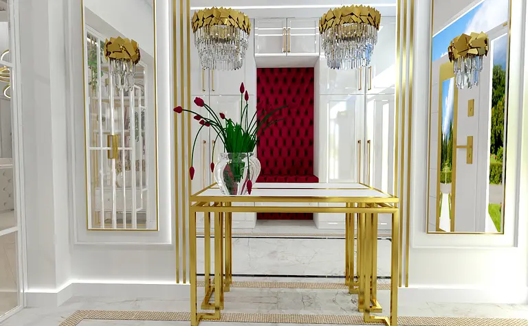 Przedpokój glamour z białymi meblami i czerwono-złotymi dodatkami.