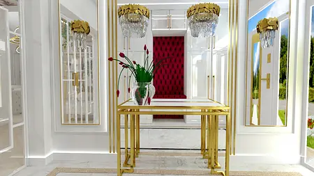 Przedpokój glamour z białymi meblami i czerwono-złotymi dodatkami.