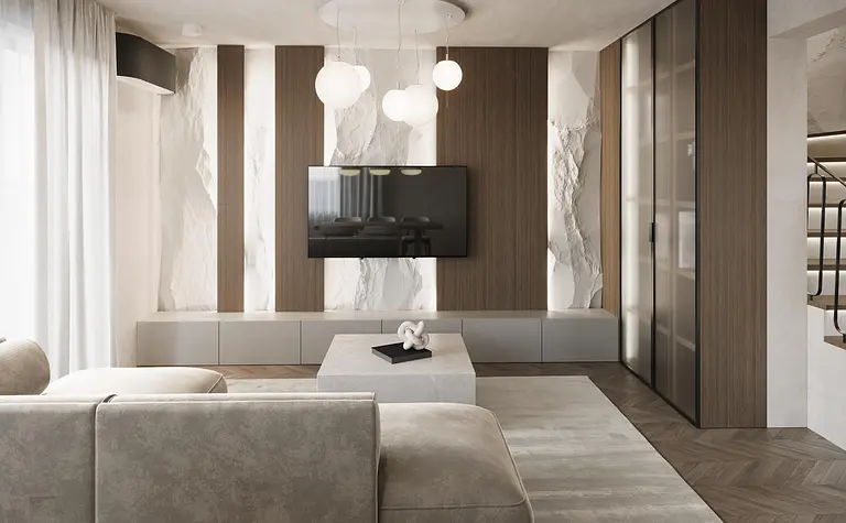 Wnętrze salonu w stylu soft minimalizm z jasnymi meblami i drewnianymi detalami.