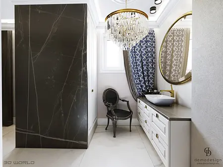 Elegancka łazienka w stylu glamour z nowoczesnymi akcentami.