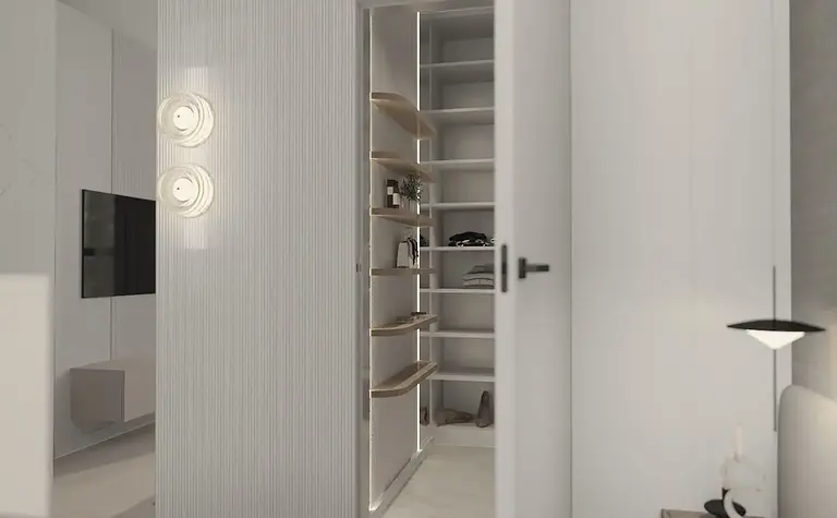 Nowoczesna łazienka z drewnianymi elementami, minimalistycznym designem i eleganckimi akcesoriami.