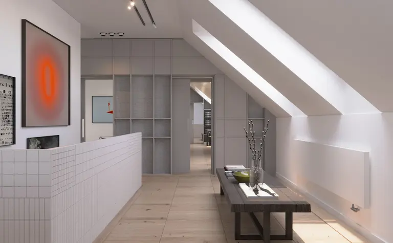Wnętrze przedpokoju w stylu dopamine decor z nowoczesnymi akcentami.
