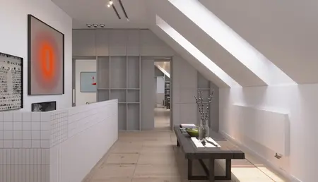Wnętrze przedpokoju w stylu dopamine decor z nowoczesnymi akcentami.