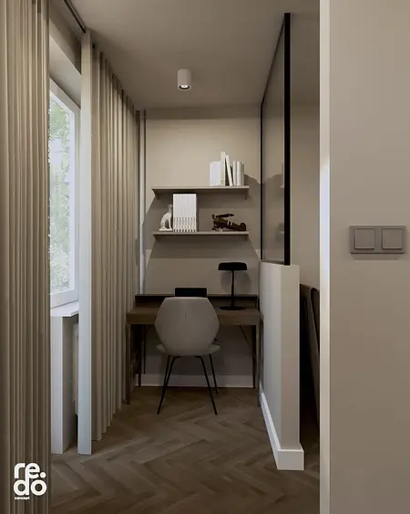 Minimalistyczny gabinet z biurkiem, półkami, nowoczesne detale, skandynawski styl.