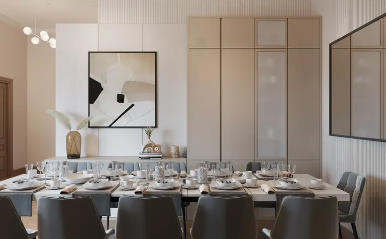 Jadalnia w stylu art deco, glamour i tradycyjnym z eleganckim stołem.