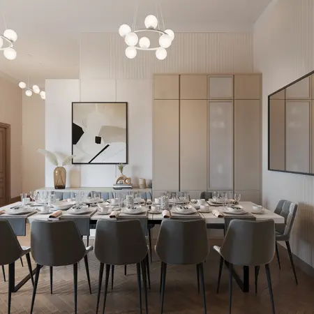 Jadalnia w stylu art deco, glamour i tradycyjnym z eleganckim stołem.