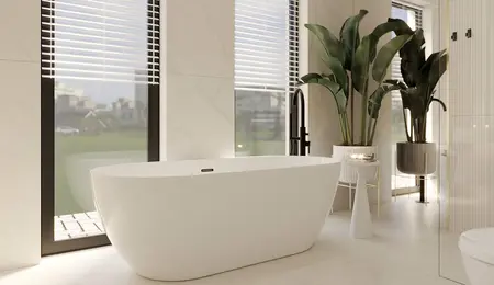 Nowoczesna łazienka z białą wanną, roślinami i dużymi oknami, styl art deco, glamour, nowoczesny.