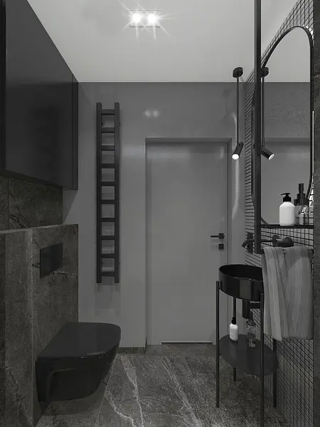 Nowoczesna łazienka z czarnymi i szarymi elementami, industrialny styl.