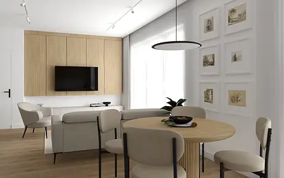 Minimalistyczne wnętrze jadalni z drewnianym stołem, beżowymi krzesłami i nowoczesnymi detalami.