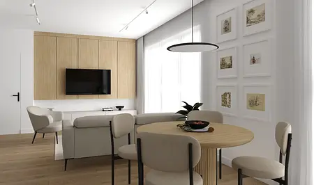 Minimalistyczne wnętrze jadalni z drewnianym stołem, beżowymi krzesłami i nowoczesnymi detalami.