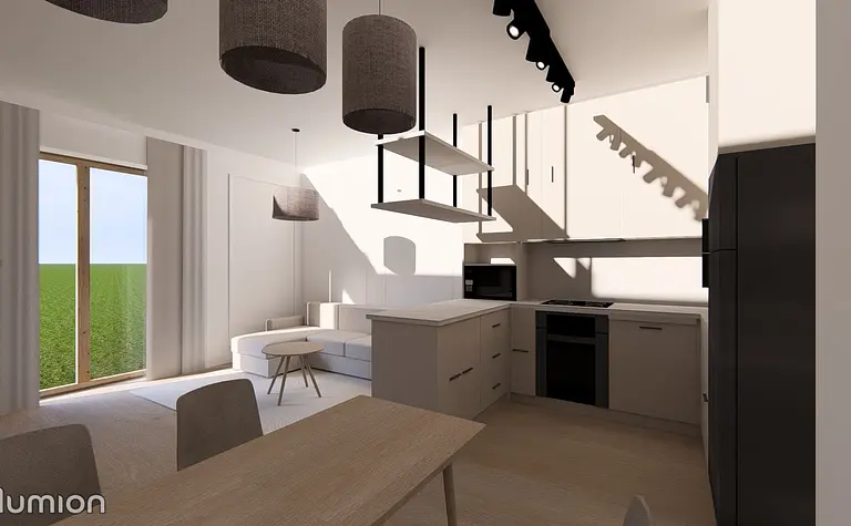 Wnętrze kuchni z minimalistycznym, współczesnym designem, jasnymi meblami i drewnianymi akcentami.
