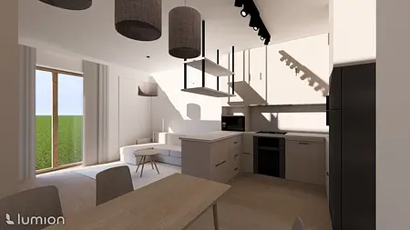 Wnętrze kuchni z minimalistycznym, współczesnym designem, jasnymi meblami i drewnianymi akcentami.