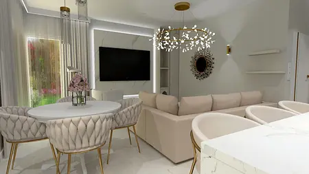 Wnętrze salonu z jasnymi meblami i eleganckim oświetleniem w stylu glamour.