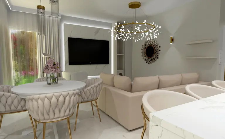 Wnętrze salonu z jasnymi meblami i eleganckim oświetleniem w stylu glamour.