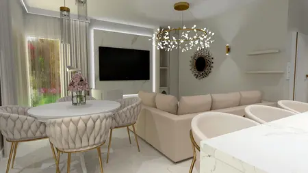 Wnętrze salonu z jasnymi meblami i eleganckim oświetleniem w stylu glamour.