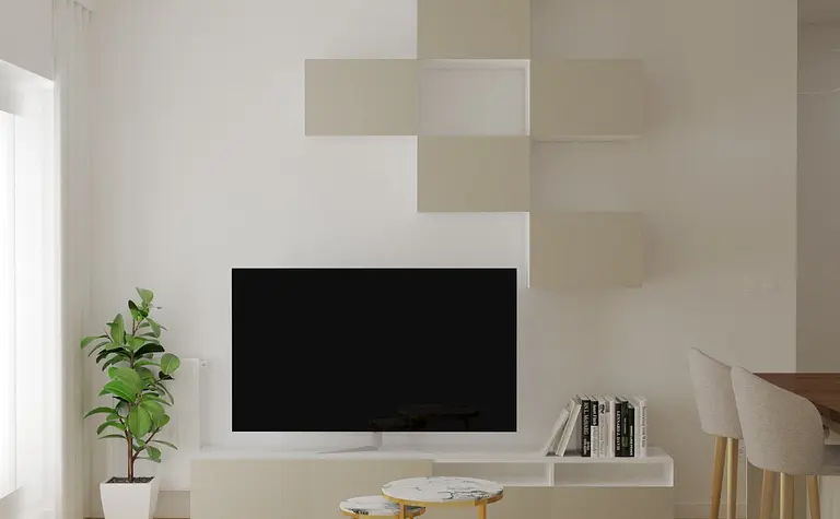Wnętrze salonu w stylu minimalistycznym z nowoczesnymi meblami, drewnianą podłogą i rośliną.