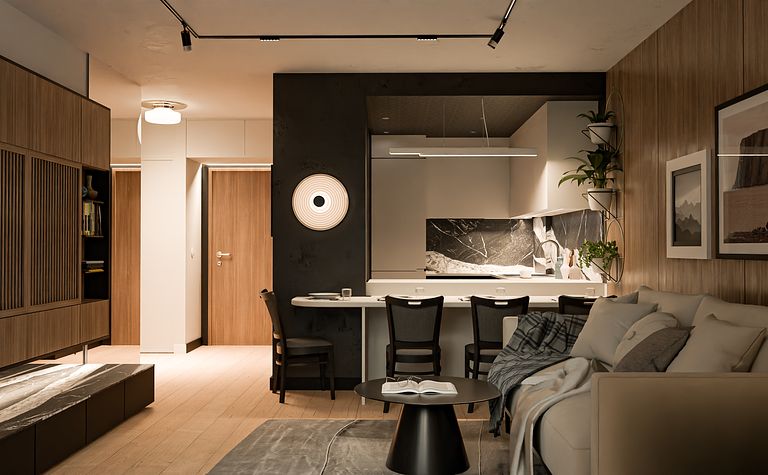 Wnętrze nowoczesnego salonu z minimalistycznym designem, drewniane akcenty.