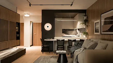 Wnętrze nowoczesnego salonu z minimalistycznym designem, drewniane akcenty.