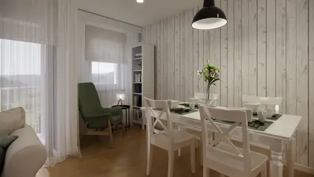 Wnętrze jadalni w stylu japandi, nowoczesnym i skandynawskim z białym stołem.