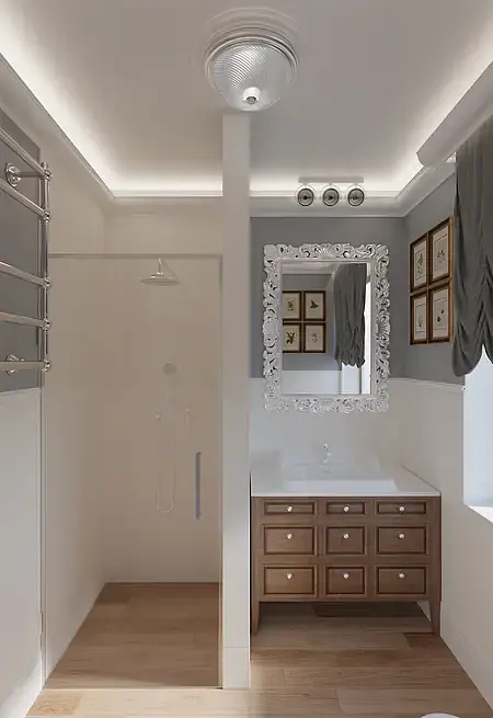 Nowoczesna łazienka w stylu minimalistycznym z prysznicem, białym blatem i elementami glamour