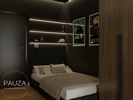 Sypialnia z ciemnymi ścianami, drewnianym łóżkiem i nowoczesnymi akcentami.