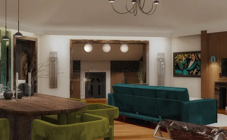 Wnętrze jadalni w stylu art deco z zielonymi krzesłami i drewnianym stołem.