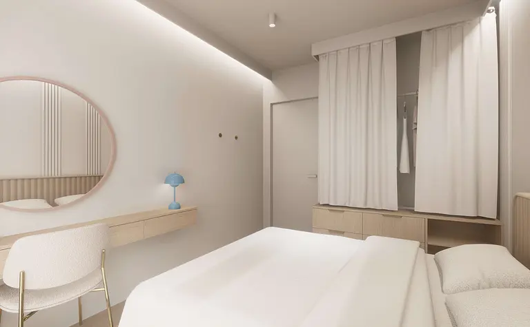 Wnętrze sypialni w stylu japandi, minimalistycznym i nowoczesnym z białymi meblami.