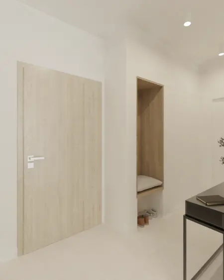 Przedpokój w stylu boho, japandi, minimalistycznym z drewnianymi elementami.