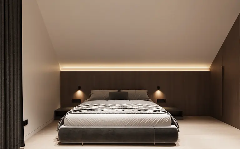 Wnętrze sypialni z minimalistycznym wystrojem, biała pościel, szare akcenty